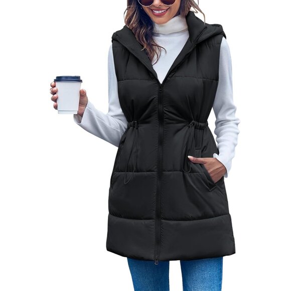 Womens Quilted Puffer Vests Hooded Sleeveless Long Outwear Jacket Zip Up Winter